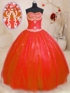 Floor Length Lace Up 15th Birthday Dress Red for Military Ball and Sweet 16 and Quinceanera with Beading