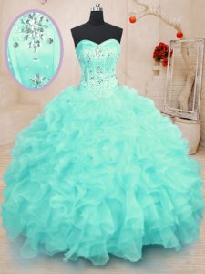 Luxurious Turquoise Sleeveless Floor Length Beading and Ruffles Lace Up Quinceanera Dresses