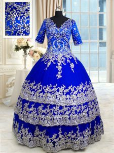 Royal Blue Half Sleeves Floor Length Appliques and Ruffled Layers Zipper Quinceanera Gown