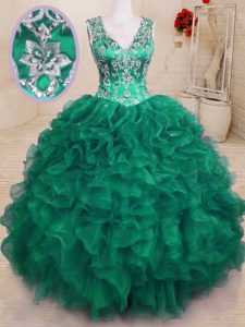 Wonderful Floor Length Dark Green Sweet 16 Quinceanera Dress V-neck Sleeveless Zipper