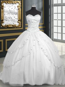 Cheap White Ball Gowns Sweetheart Sleeveless Tulle With Brush Train Lace Up Beading and Appliques Sweet 16 Dresses