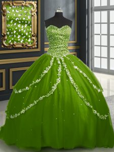 Beauteous Sweetheart Sleeveless Quinceanera Gowns With Brush Train Beading and Appliques Olive Green Tulle