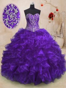 Trendy Purple Lace Up Sweetheart Beading and Ruffles Quince Ball Gowns Organza Sleeveless Sweep Train