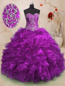 Colorful Sweetheart Sleeveless Sweep Train Lace Up 15th Birthday Dress Purple Organza
