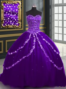 Noble With Train Purple Quinceanera Dresses Sweetheart Sleeveless Brush Train Lace Up