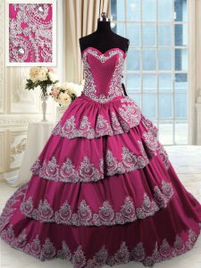 Fuchsia Lace Up Quinceanera Dress Beading and Appliques and Ruffled Layers Sleeveless With Train Court Train
