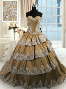Sweetheart Sleeveless Sweet 16 Dresses With Train Court Train Beading and Appliques and Ruffled Layers Brown Taffeta