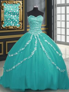 Fantastic Turquoise Quinceanera Dress Military Ball and Sweet 16 and Quinceanera and For with Beading and Appliques Swee