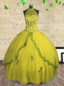 Ideal Halter Top Sleeveless Tulle Floor Length Lace Up Quince Ball Gowns in Yellow with Beading