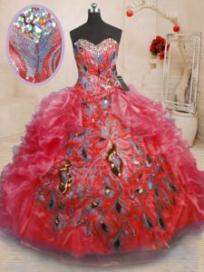 Excellent Sleeveless Floor Length Beading and Appliques and Ruffles Zipper 15 Quinceanera Dress with Red