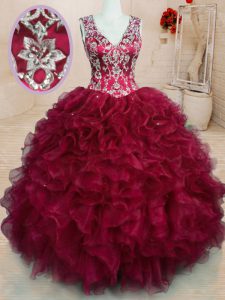 Fantastic V-neck Sleeveless Organza Quinceanera Gown Beading and Embroidery and Ruffles Zipper