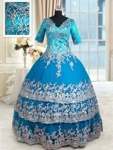 Custom Fit Teal Ball Gowns Tulle V-neck Half Sleeves Beading and Lace and Appliques and Ruffled Layers Floor Length Zipp