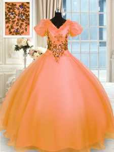 Custom Designed Short Sleeves Organza Floor Length Lace Up Quinceanera Gown in Orange with Appliques