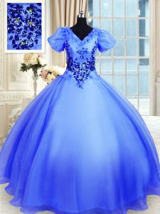 V-neck Short Sleeves Lace Up Quinceanera Gowns Blue Organza