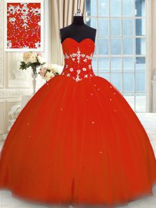 Floor Length Red 15th Birthday Dress Tulle Sleeveless Appliques