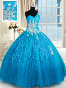 Popular One Shoulder Sleeveless Lace Up 15th Birthday Dress Baby Blue Tulle and Sequined