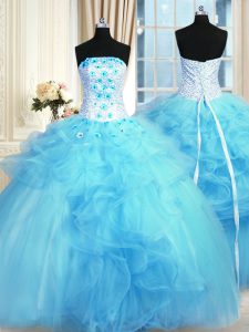 Fantastic Sleeveless Pick Ups and Hand Made Flower Lace Up Quince Ball Gowns