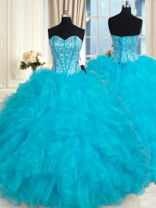 Fantastic Ball Gowns Ball Gown Prom Dress Aqua Blue Sweetheart Organza Sleeveless Floor Length Lace Up