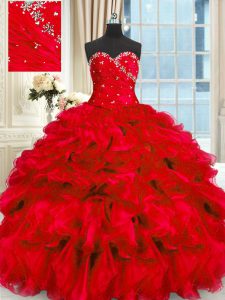 Customized Floor Length Lace Up Vestidos de Quinceanera Red for Military Ball and Sweet 16 and Quinceanera with Beading 
