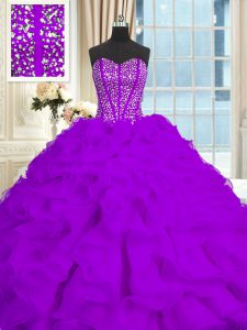 New Arrival With Train Eggplant Purple 15th Birthday Dress Organza Brush Train Sleeveless Beading and Ruffles