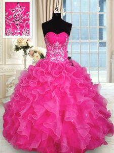 Pretty Sweetheart Sleeveless Organza Sweet 16 Dresses Beading and Appliques and Ruffles Lace Up