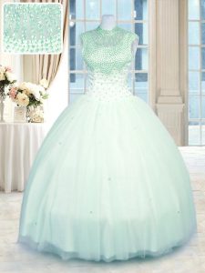 Beauteous High-neck Sleeveless Quinceanera Gown Floor Length Beading Apple Green Tulle