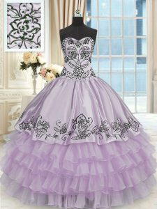 Lavender Organza Lace Up Sweetheart Sleeveless Floor Length Quinceanera Dress Beading and Embroidery and Ruffled Layers