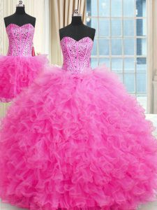 Lovely Three Piece Tulle Strapless Sleeveless Lace Up Beading and Ruffles Quinceanera Gowns in Rose Pink