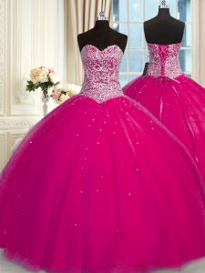Enchanting Tulle Halter Top Sleeveless Lace Up Beading and Sequins Vestidos de Quinceanera in Fuchsia