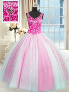 Baby Pink and Pink And White V-neck Lace Up Beading Quince Ball Gowns Sleeveless