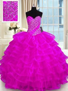 Inexpensive Ruffled Fuchsia Sleeveless Organza Lace Up Quinceanera Gown for Military Ball and Sweet 16 and Quinceanera