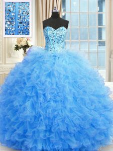 Baby Blue Ball Gowns Beading and Ruffles Quince Ball Gowns Lace Up Tulle Sleeveless Floor Length
