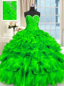 Perfect Sleeveless Organza Floor Length Lace Up Quinceanera Gowns in with Beading and Ruffles