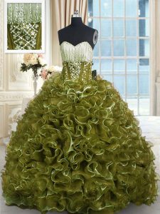 Fitting Sweetheart Sleeveless Sweet 16 Dresses With Brush Train Beading and Ruffles Olive Green Organza