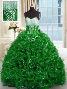 Beading and Ruffles Quinceanera Dresses Green Lace Up Sleeveless With Brush Train