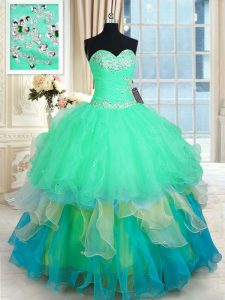 Sweetheart Sleeveless Sweet 16 Dresses Floor Length Beading and Ruffles Multi-color Organza