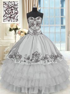 Superior Grey Organza and Taffeta Lace Up Halter Top Sleeveless Floor Length Sweet 16 Quinceanera Dress Beading and Embr