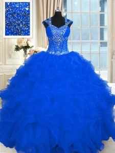 Royal Blue Lace Up Straps Beading and Ruffles 15 Quinceanera Dress Organza Cap Sleeves