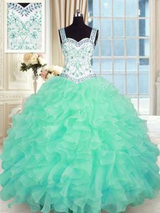 Organza Sweetheart Sleeveless Lace Up Beading and Appliques and Ruffles Sweet 16 Dress in Turquoise