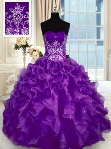 Organza Sweetheart Sleeveless Lace Up Beading and Appliques and Ruffles Sweet 16 Dress in Purple