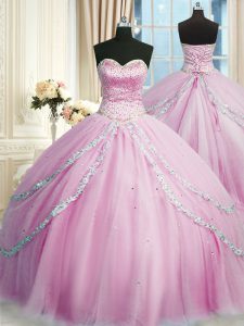 Designer Sleeveless Tulle With Train Court Train Lace Up Quinceanera Dress in Lilac with Beading and Appliques