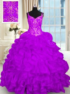 Hot Sale Sleeveless Organza Brush Train Lace Up 15th Birthday Dress in Purple with Beading and Embroidery and Ruffles
