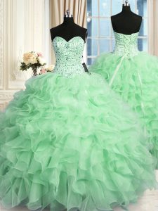 Suitable Apple Green Lace Up Sweetheart Beading and Ruffles Quince Ball Gowns Organza Sleeveless