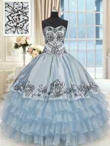 Super Light Blue Organza and Taffeta Lace Up Ball Gown Prom Dress Sleeveless Floor Length Beading and Embroidery and Ruf