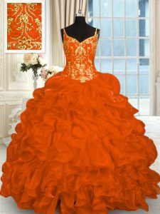 Dramatic Sleeveless Beading and Ruffles Lace Up Quinceanera Gowns with Orange Red Brush Train