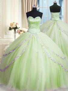 With Train Yellow Green 15th Birthday Dress Sweetheart Sleeveless Court Train Lace Up