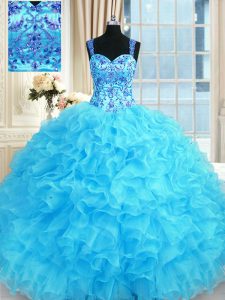Floor Length Baby Blue Quince Ball Gowns Organza Sleeveless Embroidery and Ruffles