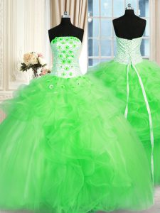 Modest Sleeveless Floor Length Pick Ups and Hand Made Flower Lace Up Sweet 16 Quinceanera Dress with