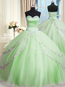 Apple Green Sweetheart Neckline Beading and Appliques 15th Birthday Dress Sleeveless Lace Up