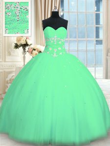Turquoise Ball Gowns Tulle Sweetheart Sleeveless Appliques Floor Length Lace Up Quince Ball Gowns